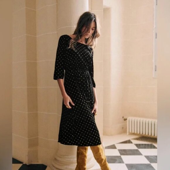 Sezane Adelma Dress Midi Black Velvet with Glitter Polka Dots - Picture 1 of 16